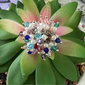 Silver tone Cluster Dangle Beads and Faux Pearls Ring